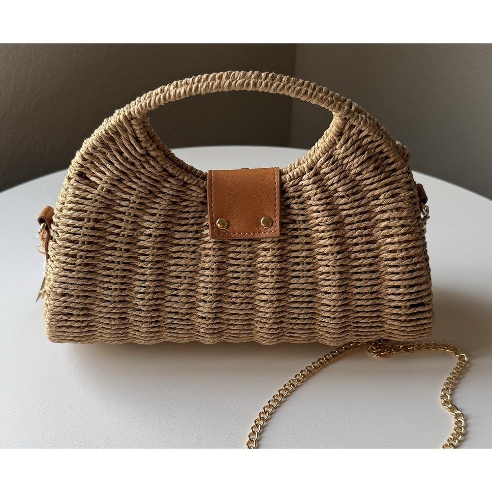 NWT Tommy Bahama Straw Woven Satchel Crossbody Bag Gold Chain Resort Beach - Picture 6 of 11
